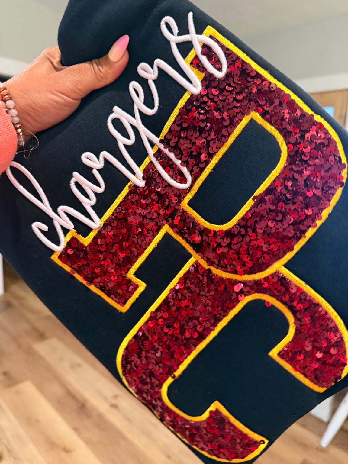 Chargers Sequin & Puff Embroidered Crewneck