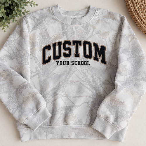 Custom School Camo Fleece Appliqué Crewneck